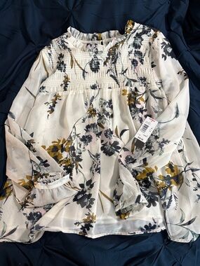 Zac & Rachel Cream Blouse with Mustard & Gray Floral Print
